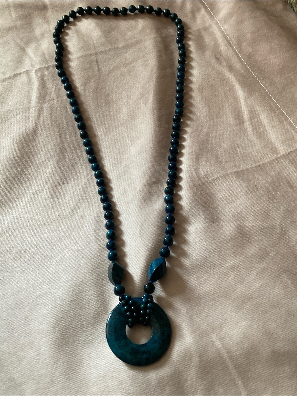 DarkGreen Stone Beaded Pendant Necklace - Unbranded